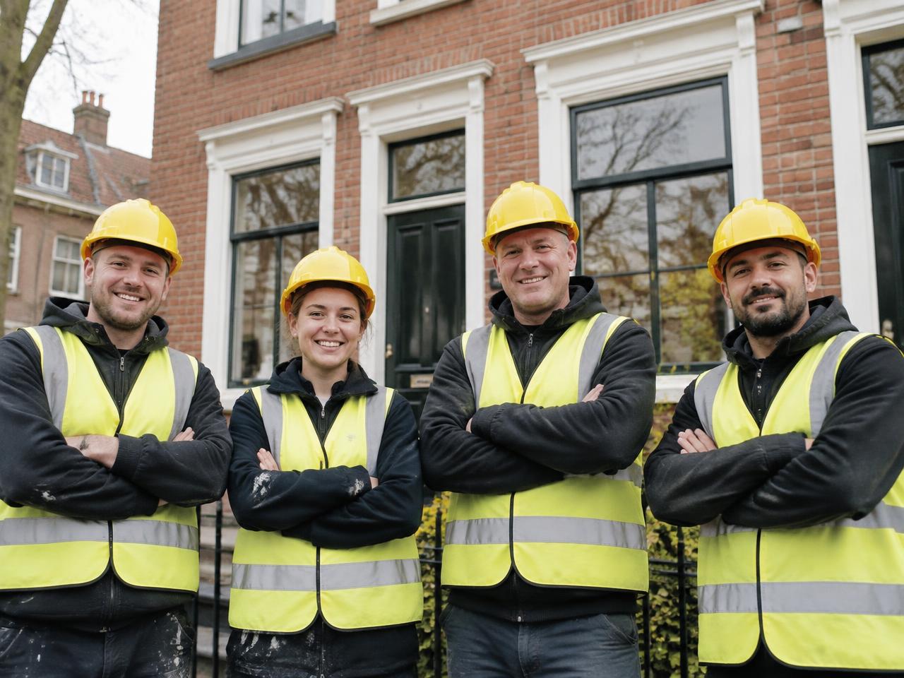 Het team van NBD Bouw in bedrijfskleding voor een opgeleverd project